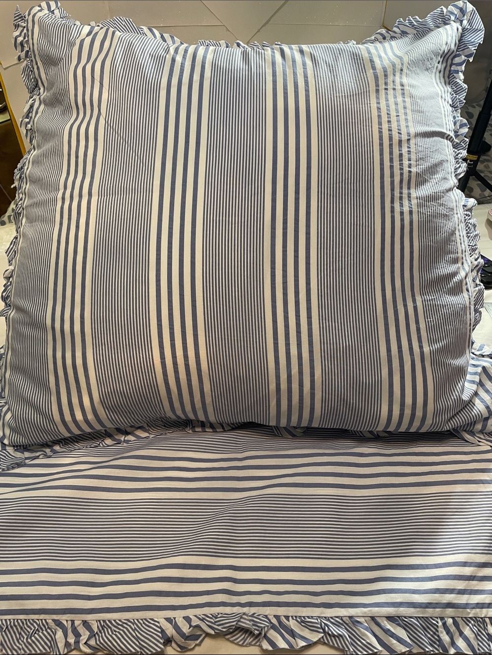Laura Ashley 100% Cotton Blue and White Striped Pillow Shams with Ruffle Edge
